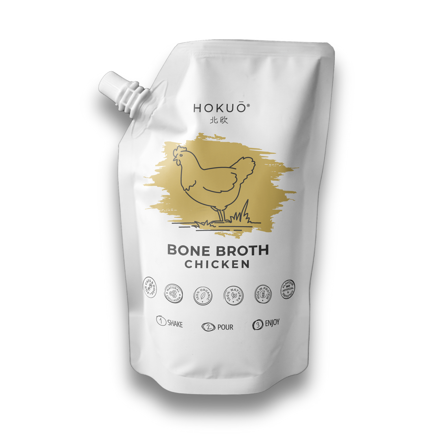 Hokuō chicken bone broth pouch for cats and dogs made with free-range chicken bones and organic carrots
